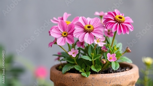 Wallpaper Mural Charming Pink Lysimachia and Stokesia in Fairy Garden Pot - Copy Space Torontodigital.ca