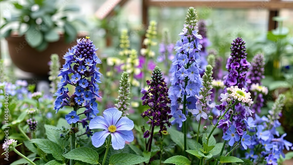 Fototapeta premium Mini Greenhouse Blooms - Blue, Green, and Purple Tanacetum, Verbascum, and Lonicera