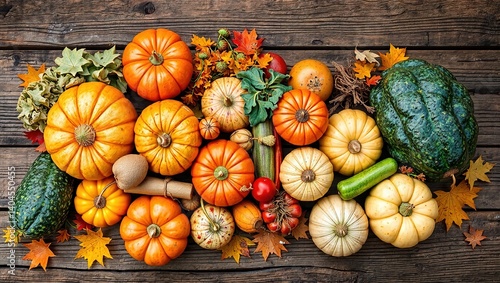 Autumn bounty on rustic wooden table, ready for harvest.