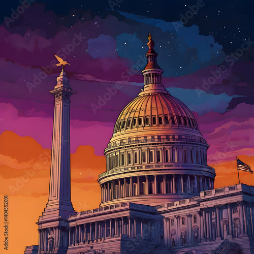 ancient dome, artistic reimagining, Capitol Hill, glowing masterpiece at twilight, iconic dome , classical architecture, reinterpreted with imaginative, abstract elements