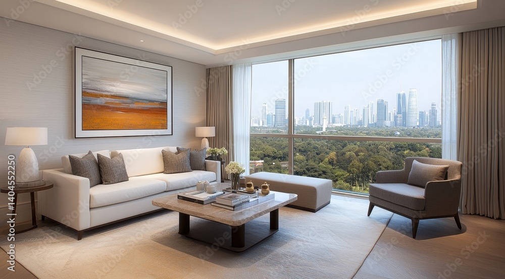Modern Living Room with Scenic City View and Stylish Decor Modern Living Room with Scenic City View and Stylish Decor