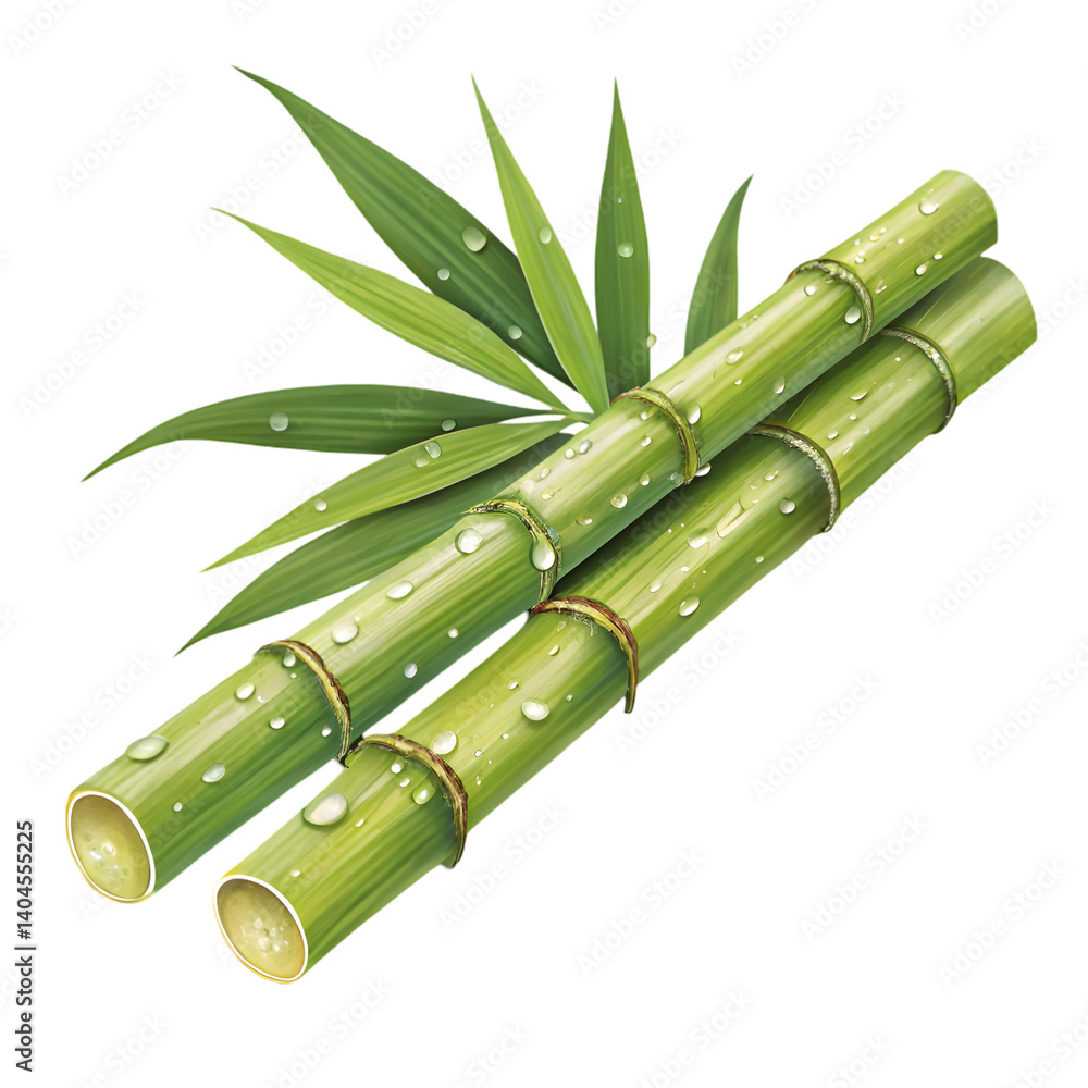 Fototapeta premium Fresh Green Bamboo Stalks & Leaves on transparent background