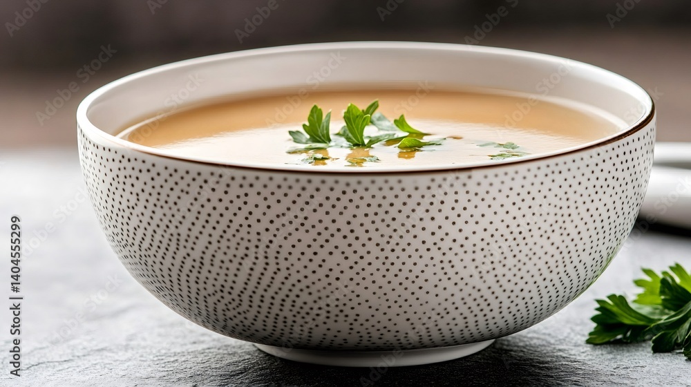 Creamy vegetable soup with parsley in a bowl is waiting to be eaten Creamy vegetable soup with parsley in a bowl is waiting to be eaten