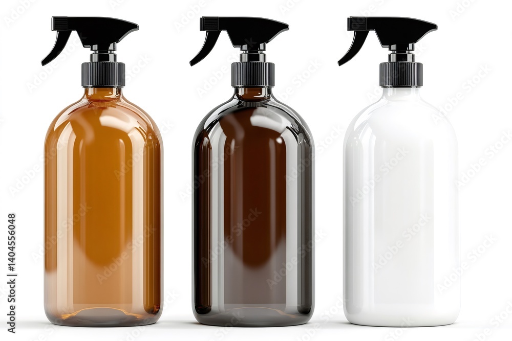 Cosmetic spray bottles showing different colors are standing on white background