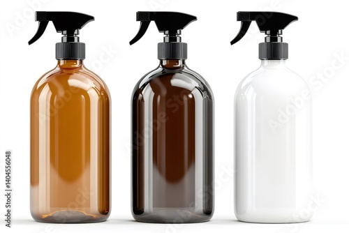 Cosmetic spray bottles showing different colors are standing on white background