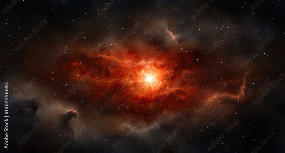 Naklejka premium Red and Orange Cosmic Nebula with Bright Center in Starry Background