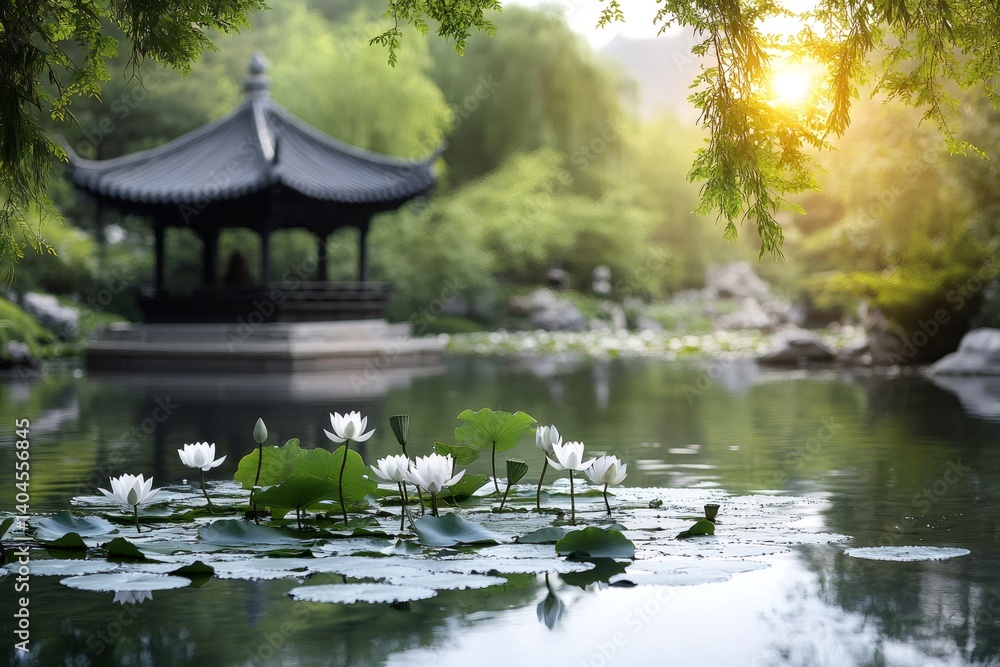 White lotus flowers blooming in pond of traditional chinese garden at sunset White lotus flowers blooming in pond of traditional chinese garden at sunset
