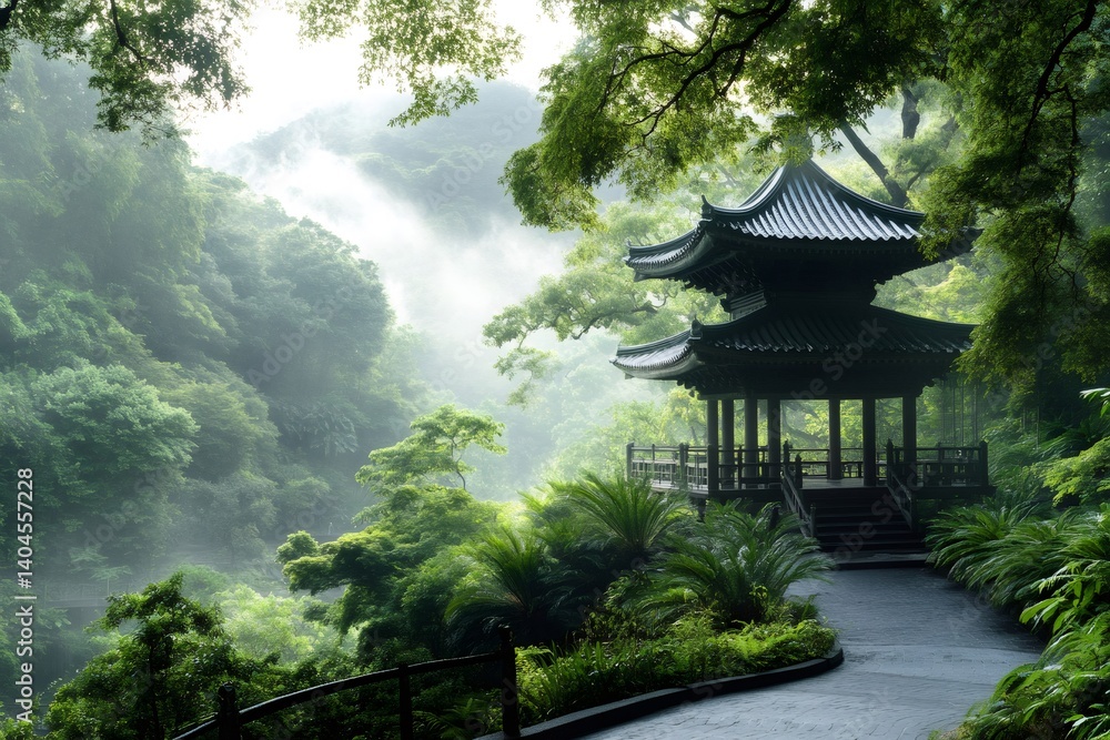 Traditional chinese gazebo stands in lush foggy forest Traditional chinese gazebo stands in lush foggy forest