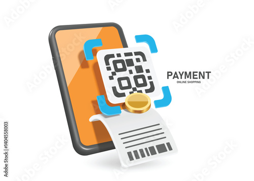 Scan QR code with your smartphone to pay for online purchases and a receipt or invoice will come out, vector 3d illustration isolated on white background for online shopping, financial concept design