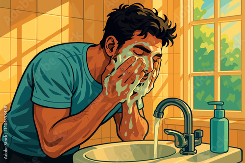 Man washing his face with cleanser in natural morning light