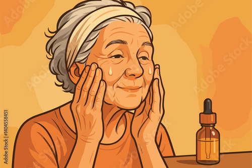 Elderly woman gently patting serum on her cheeks at home