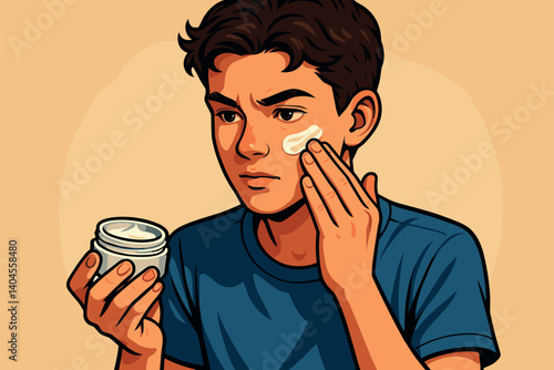 Teen boy applying moisturizer with focused look in mirror