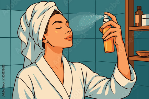 Woman in bathrobe spraying mist on her face