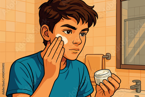 Teen boy applying moisturizer with focused look in mirror