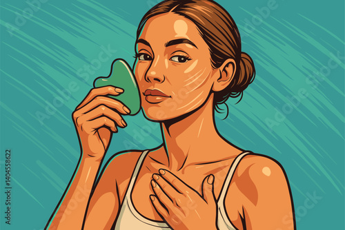 Woman holding gua sha tool doing lymphatic face massage