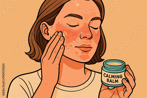 Person with visible rosacea applying calming balm gently