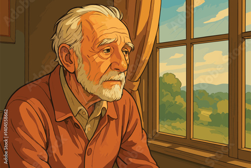 Elderly man gazing out window with nostalgic look