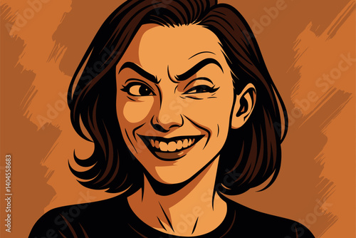 Woman grinning mischievously with one eyebrow raised