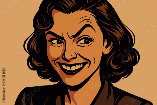 Woman grinning mischievously with one eyebrow raised