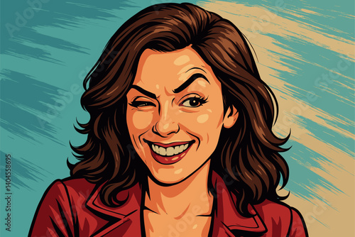 Woman grinning mischievously with one eyebrow raised