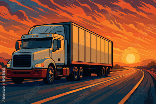 Large cargo truck driving on highway during sunset, transporting goods
