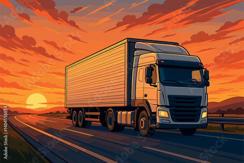 Large cargo truck driving on highway during sunset, transporting goods