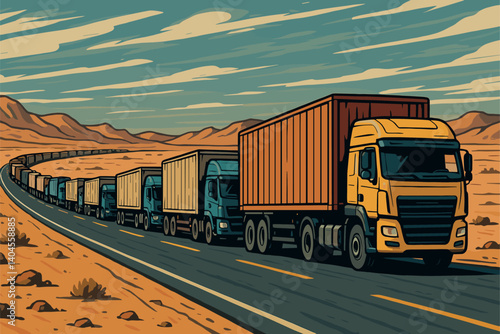 Long convoy of cargo trucks transporting goods across desert road
