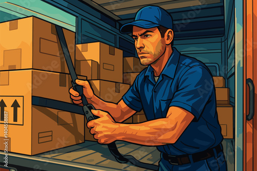 Delivery driver securing packages inside a freight truck
