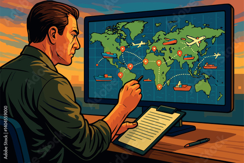 Logistics manager tracking global freight shipments on digital map