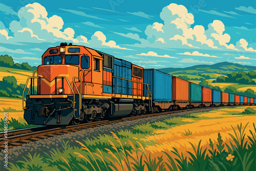 Freight train carrying shipping containers through countryside landscape