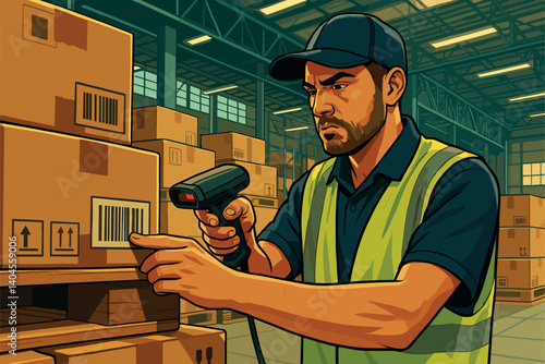 Warehouse worker scanning barcodes on packages for shipping