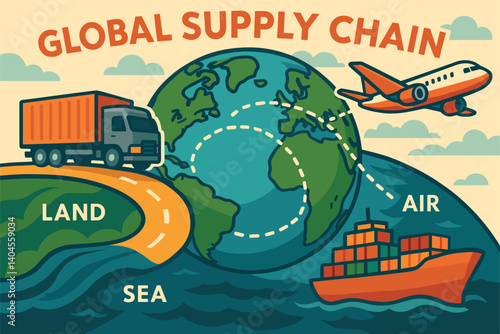 Global supply chain infographic showing land, sea, and air cargo routes