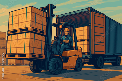 Forklift loading pallets into freight container for export