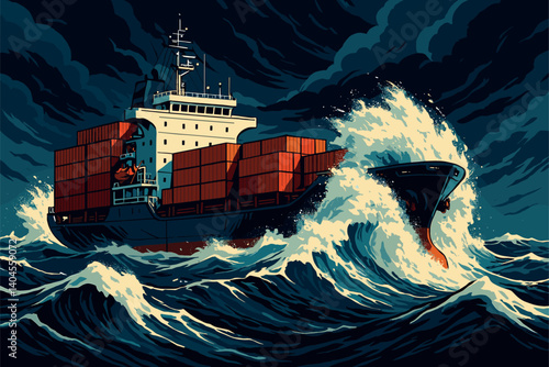 Cargo ship navigating stormy ocean as waves crash against hull