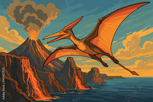 Flying Pteranodon glides through smoke above volcanic coastline near prehistoric ocean