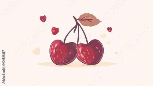 Cute Cartoon Cherries with Hearts and Leaf Decoration on Soft Background