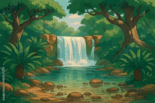 Waterfall flowing into lake surrounded by cycads and ancient trees