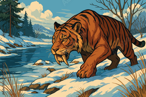 Saber-toothed cat stalking prey by frozen river