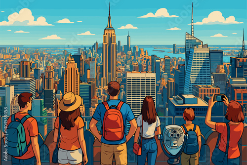 Tourists admiring New York City skyline from rooftop observation deck