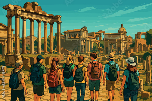 Sightseeing group walking through ancient ruins of Rome