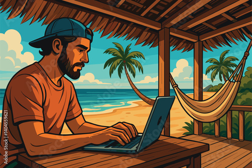 Digital nomad working on laptop in tropical beachside bungalow office