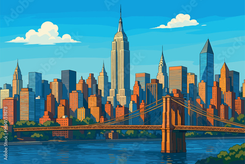 New York City skyline with Empire State and Brooklyn Bridge under blue sky