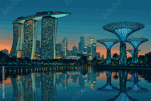 Futuristic skyline of Singapore with Marina Bay Sands and Supertree Grove
