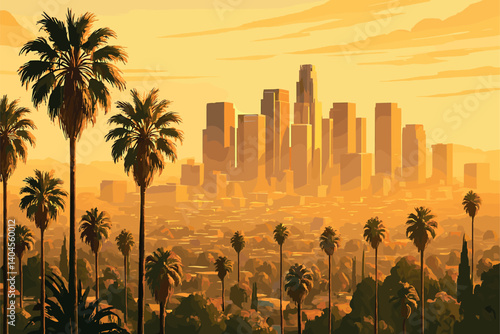 Los Angeles skyline with palm trees and golden California sunlight over hills