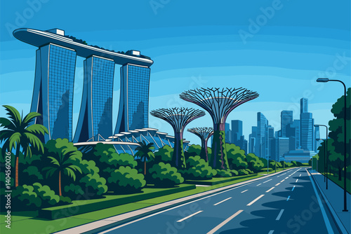 Modern daytime view of Singapore with Marina Bay Sands and Supertree Grove