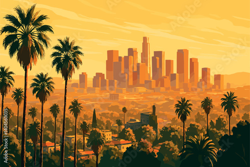 Los Angeles skyline with palm trees and golden California sunlight over hills