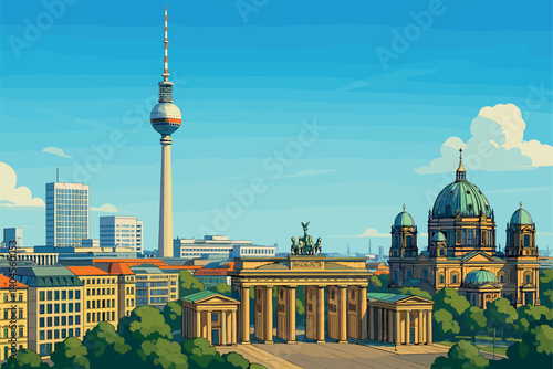Berlin cityscape with TV Tower, Brandenburg Gate, and modern architecture