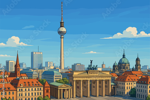 Berlin cityscape with TV Tower, Brandenburg Gate, and modern architecture
