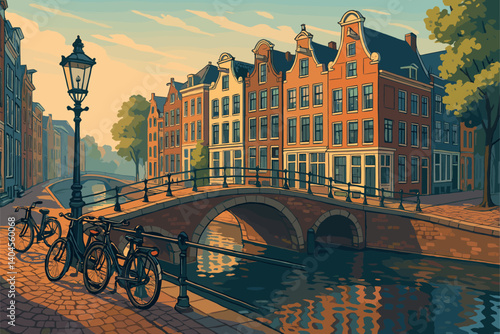 Amsterdam morning view with canal houses, bridges, and parked bicycles