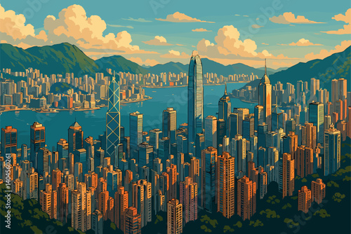 Hong Kong skyline with skyscrapers and Victoria Harbour on a sunny day